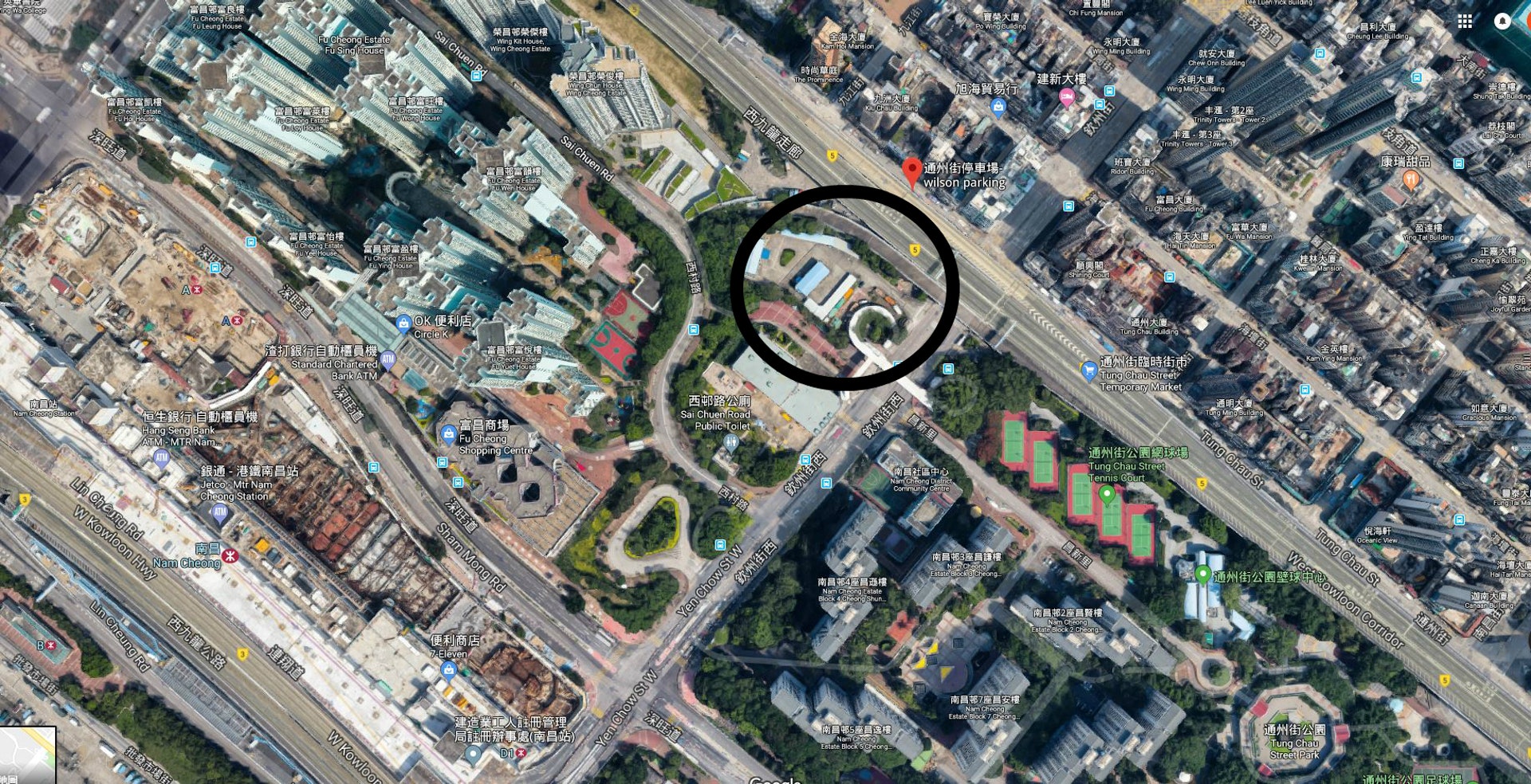 據了解,政府擬於欽州街與通州街交界地皮(圓圈範圍),興建過渡性房屋。(Google衛星圖) 據了解,政府擬於欽州街與通州街交界地皮(圓圈範圍),興建過渡性房屋。(Google衛星圖)