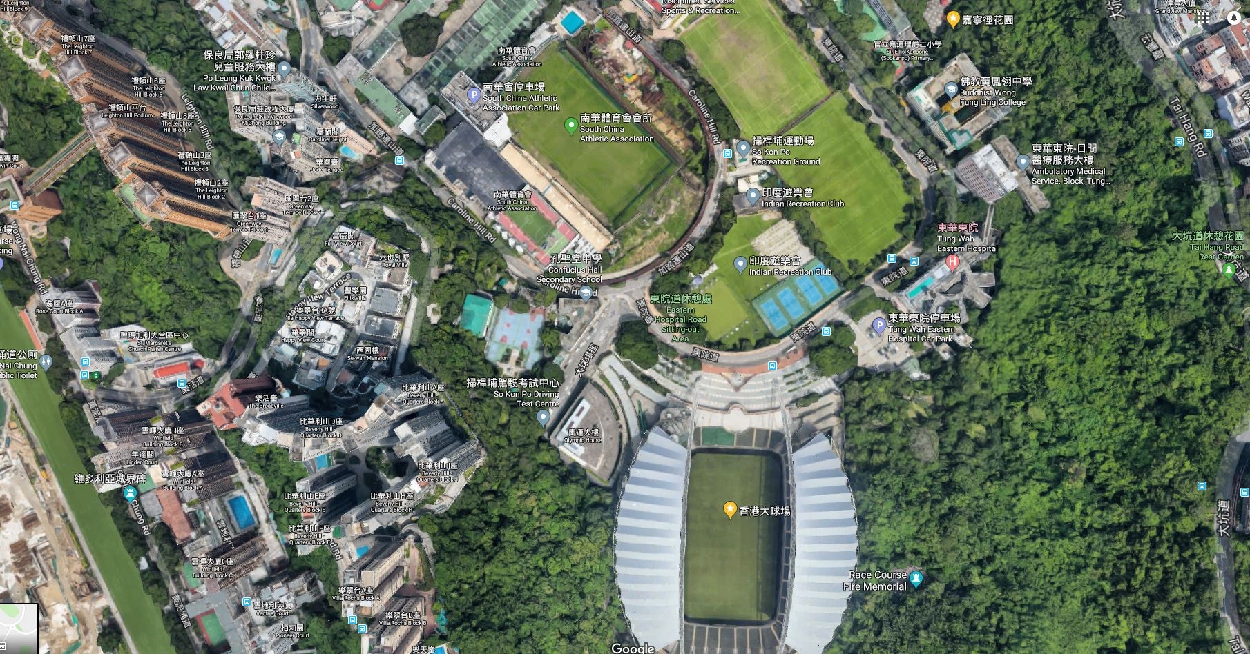 前往香港大球場，必須駛經加路連山道。（Google衛星圖）