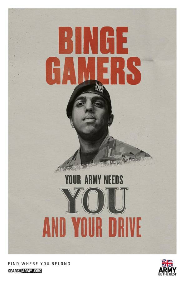 「遊戲迷」（Binge Gamers）對遊戲的狂熱，令他們可以徹夜打機。軍隊從中解讀出他們具有強大的「驅動力」（Drive），希望這群被低估的年輕群體可以參軍發揮餘熱。（圖片來源：British Ministry of Defence）
