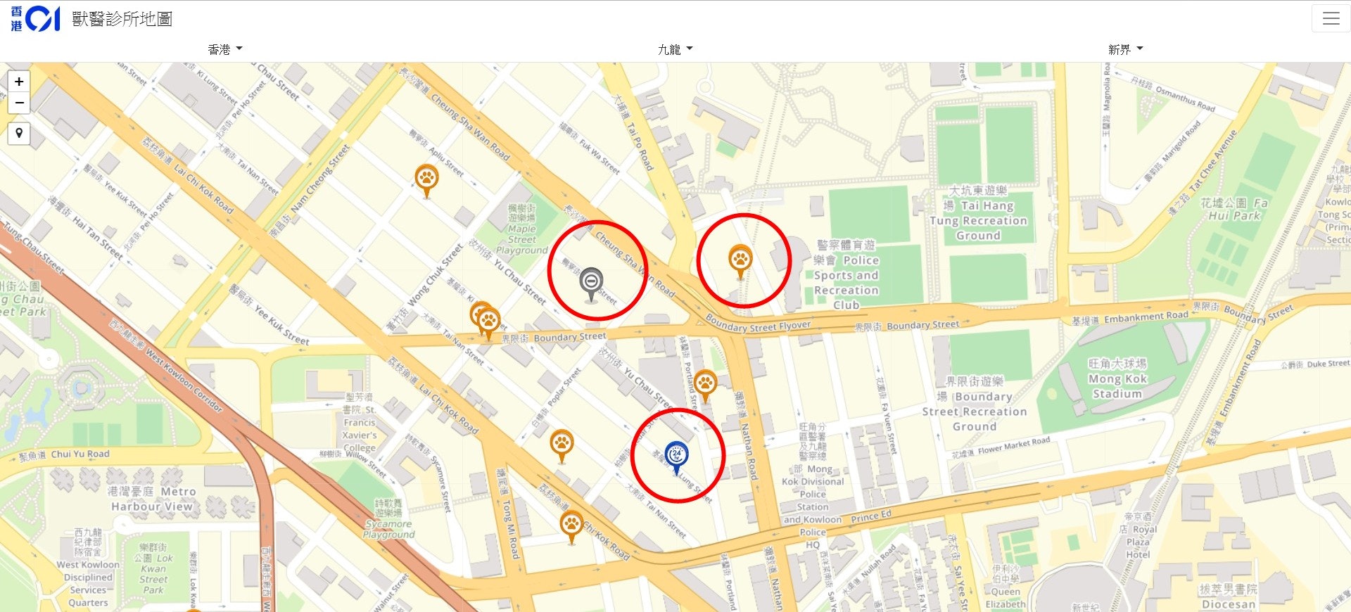 橙色圖示代表正常營業,藍色圖示代表24小時開放,而灰色圖示則表示已休息。 橙色圖示代表正常營業,藍色圖示代表24小時開放,而灰色圖示則表示已休息。