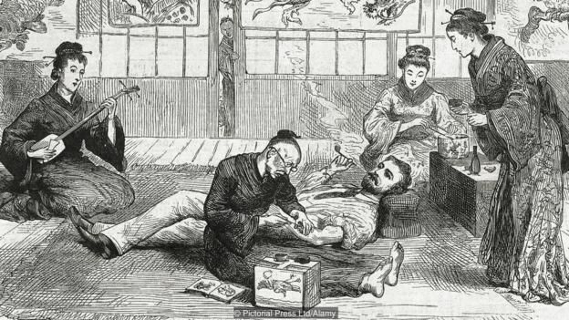 圖中描繪了歐洲人前往日本紋身的畫面。 高雄刺青、刺青、高雄刺青店、高雄刺青推薦、高雄刺青改圖、高雄紋身