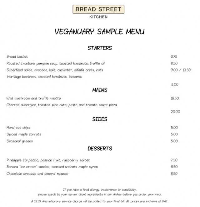 VEGANUARY菜單價錢。(圖片:Bread Street Kitchen) VEGANUARY菜單價錢。(圖片:Bread Street Kitchen)