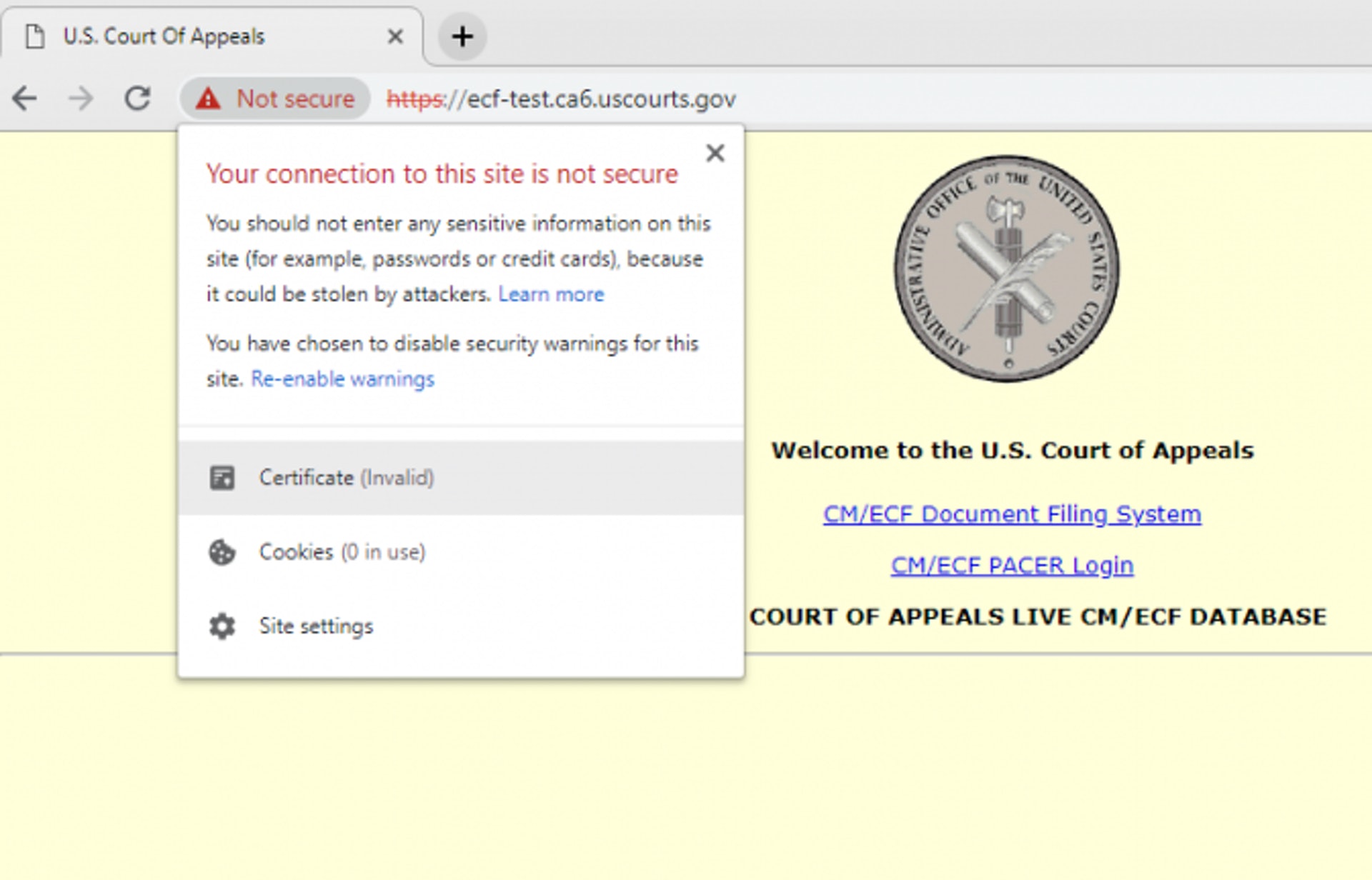 美國上訴法院網站是受影響的網頁之一,因憑證過期一度出現安全警告。(COURT OF APPEALS網頁截圖)