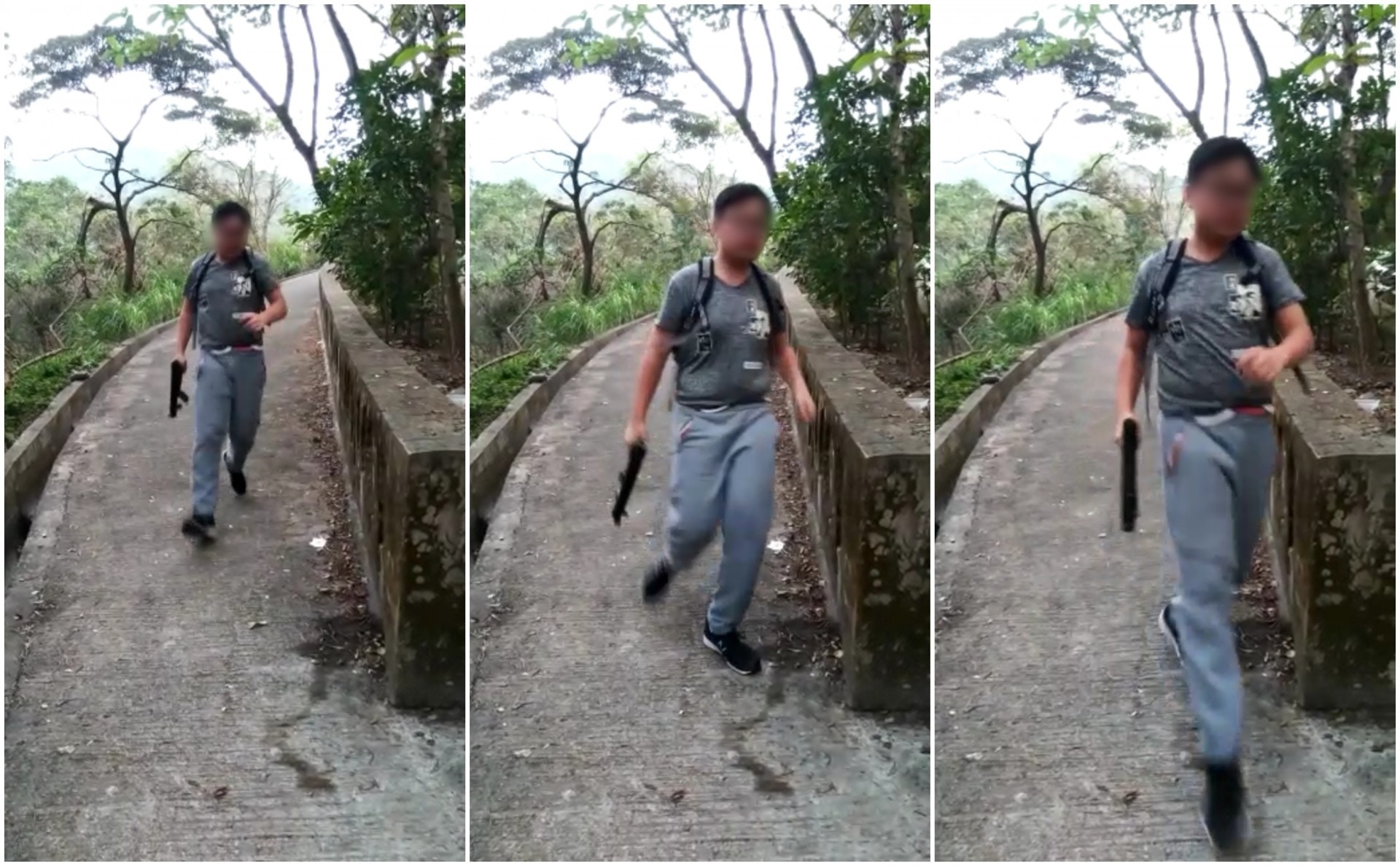 區小姐躲起來視察,當時聽到一陣連發槍聲,便開著手機上前拍攝,發現一名持槍男從山上往下奔走。(受訪者提供相片) 區小姐躲起來視察,當時聽到一陣連發槍聲,便開著手機上前拍攝,發現一名持槍男從山上往下奔走。(受訪者提供相片)