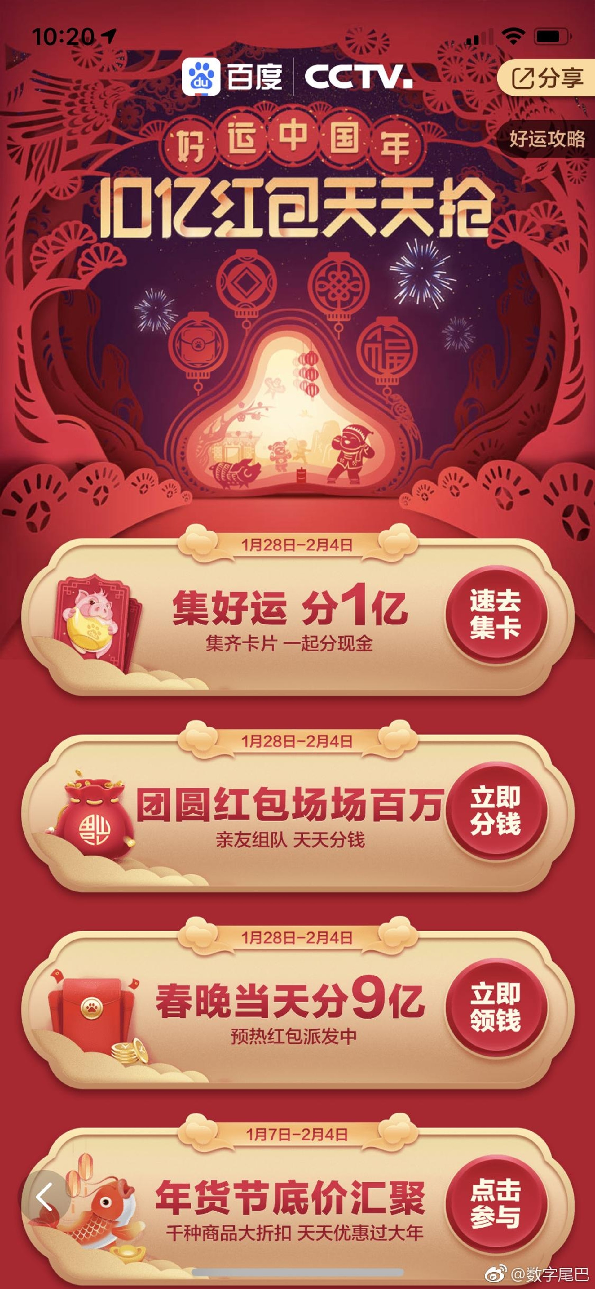 百度與央視合作,前者將派發總值達19億元的電子利是。(微博)