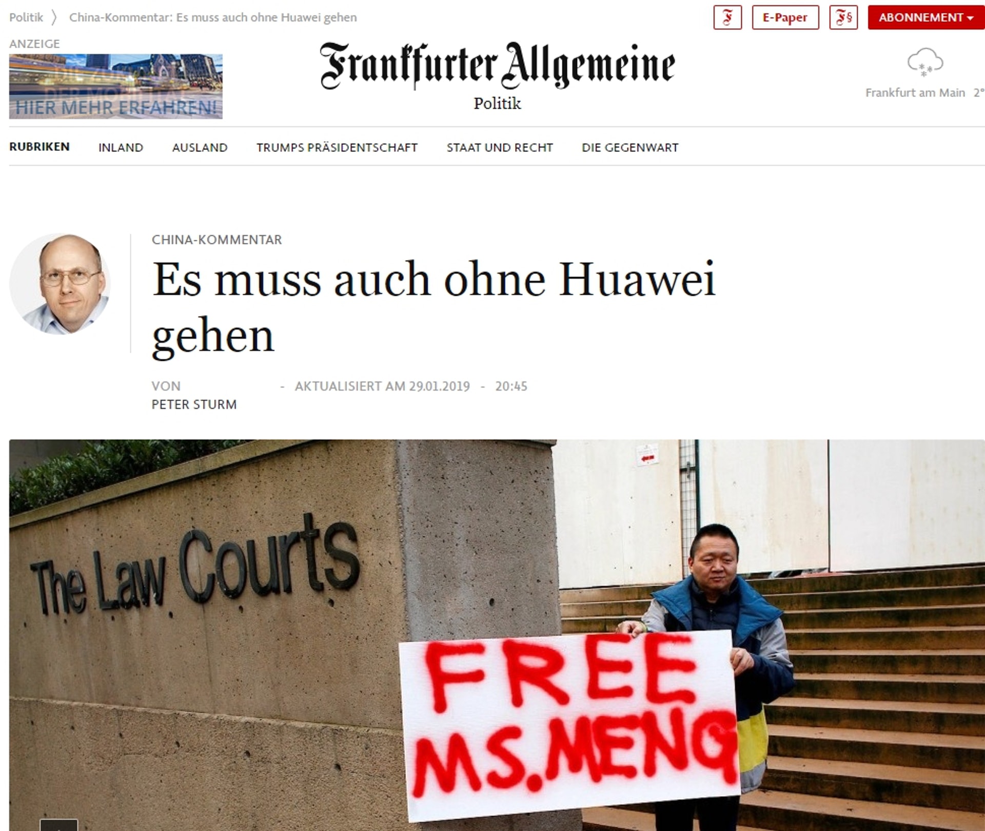 圖為《法蘭克福匯報》的評論。(翻攝網絡)