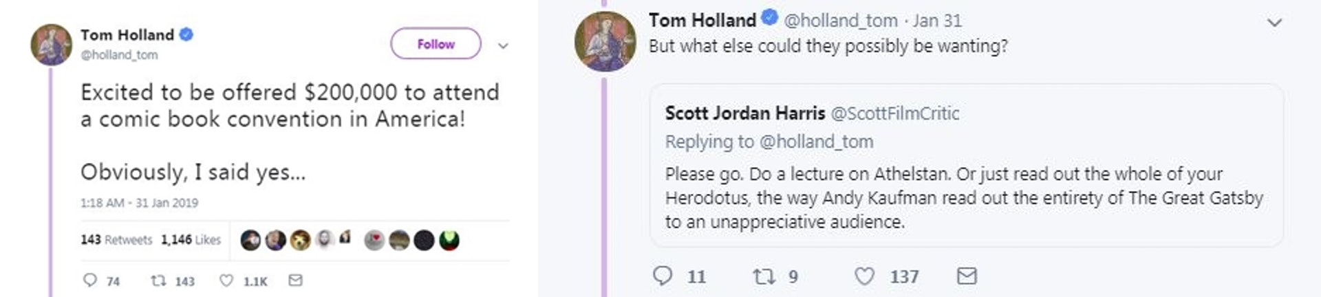 歷史學家Tom Holland在Twitter爆料獲動漫展邀請。(網上截圖) 歷史學家Tom Holland在Twitter爆料獲動漫展邀請。(網上截圖)