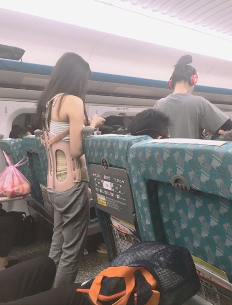 台灣一名女網民指做完脊椎手術，需要裝鋼釘及背上背架以支撐身體，但高鐵上沒有好心人願意讓座，令她大嘆社會的冷漠。（fb群組「爆廢公社」圖片）