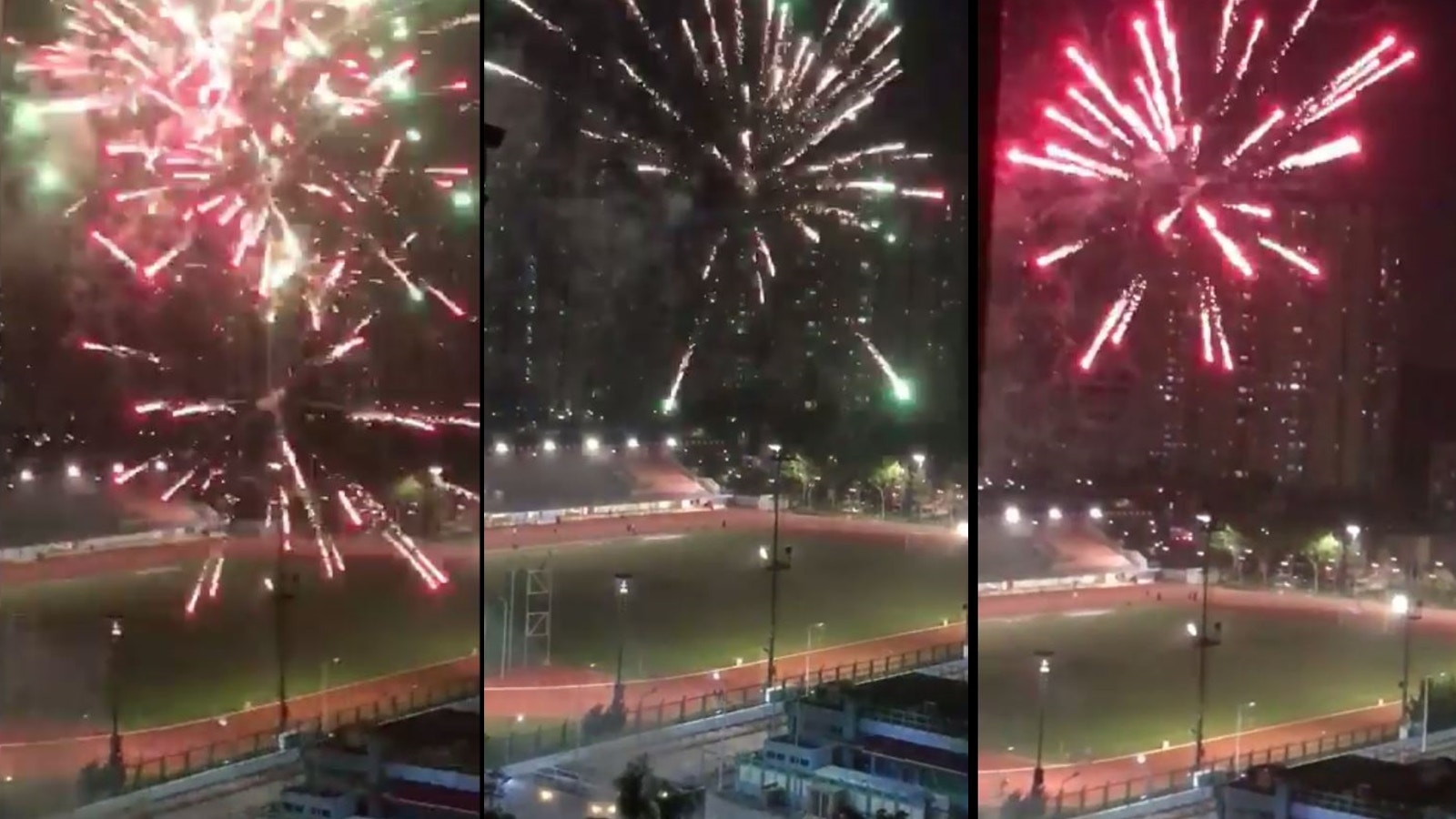 今月3日,多名北區居民報稱目睹,北區運動場外的「民間」煙花匯演。(網上影片截圖) 今月3日,多名北區居民報稱目睹,北區運動場外的「民間」煙花匯演。(網上影片截圖)