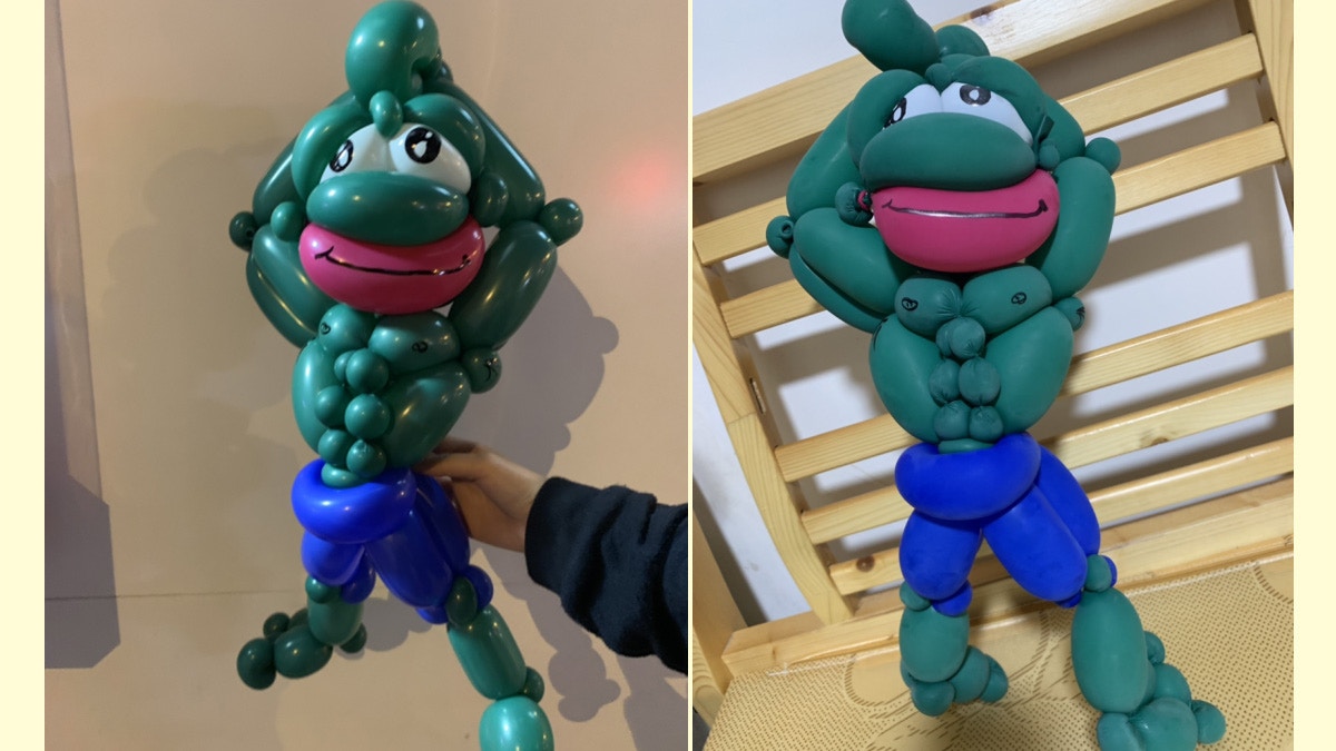 連登仔扭出青蛙Pepe造型氣球整埋6「粒」腹肌勁逼真