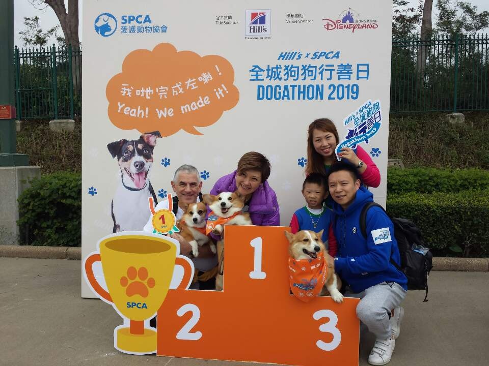 不少寵主完成步行後,亦帶狗狗到大會設立頒獎台上拍照留念 不少寵主完成步行後,亦帶狗狗到大會設立頒獎台上拍照留念