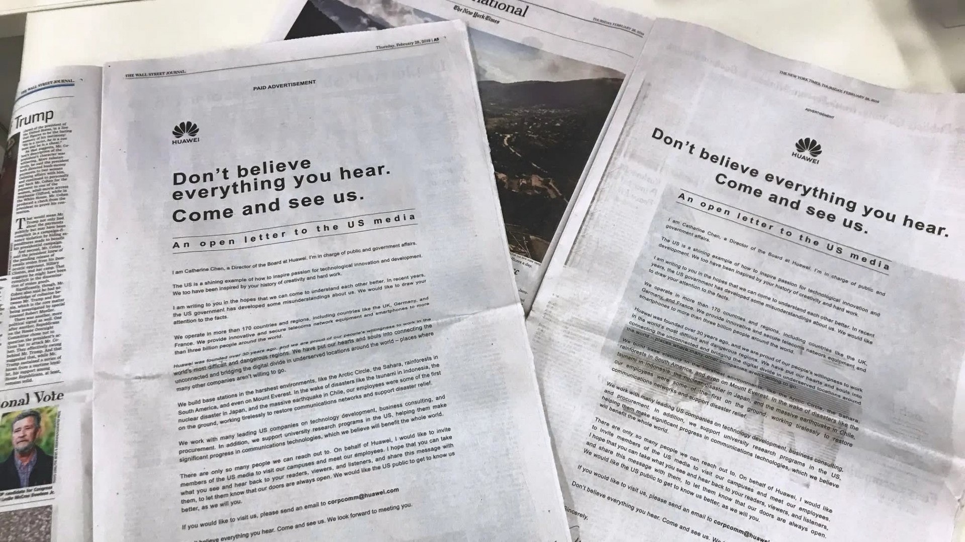 華為2月28日在美國多家主流報紙整版向全體美媒發出公開信。(網上圖片)