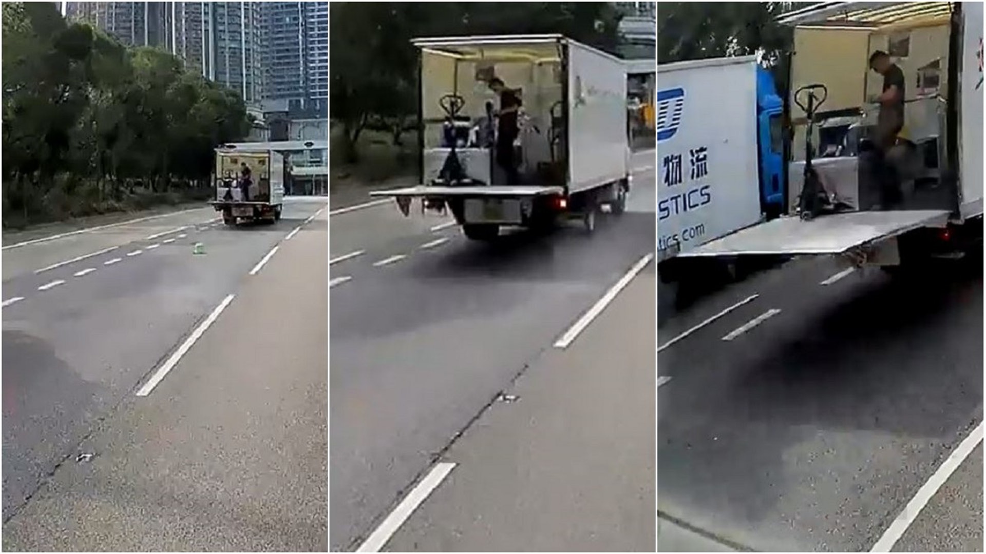 車禍發生前,貨車司機打開車尾板及落貨。(影片截圖) 車禍發生前,貨車司機打開車尾板及落貨。(影片截圖)