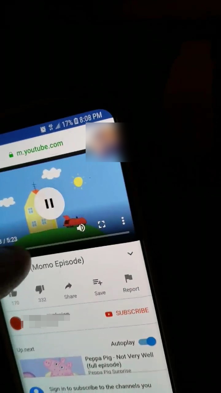 有網民發現Youtube上的Peppa Pig卡通被人插入恐怖Momo，於是將之拍下，提醒其他人留意。（fb截圖）