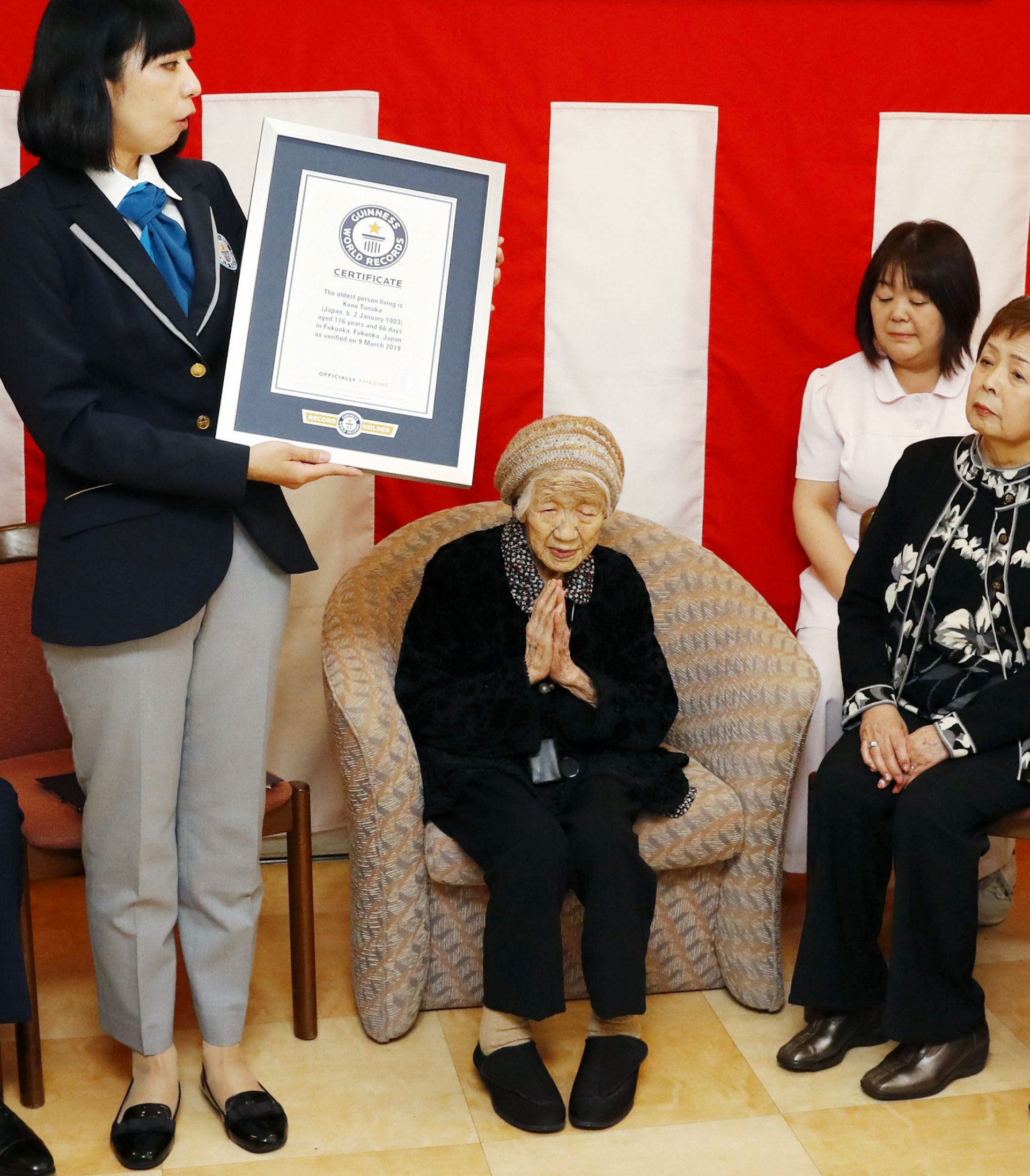 日本116歲超級人瑞：田中加子2019年3月9日獲健力士世界紀錄正式認證為在世的全球最高齡老人。（美聯社）