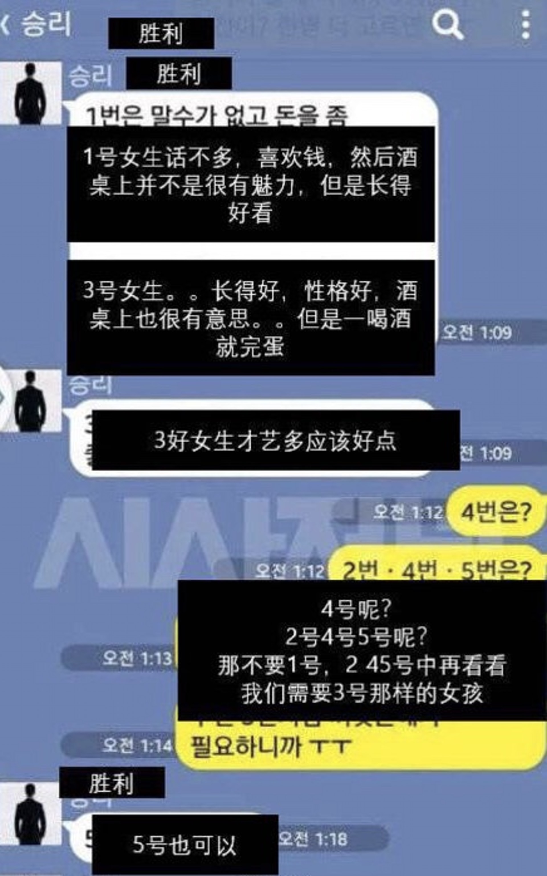 韓國媒體Sisa Journal公開勝利於2014年8月向一名海外投資者涉嫌提供女伴的聊天對話。（微博圖片）