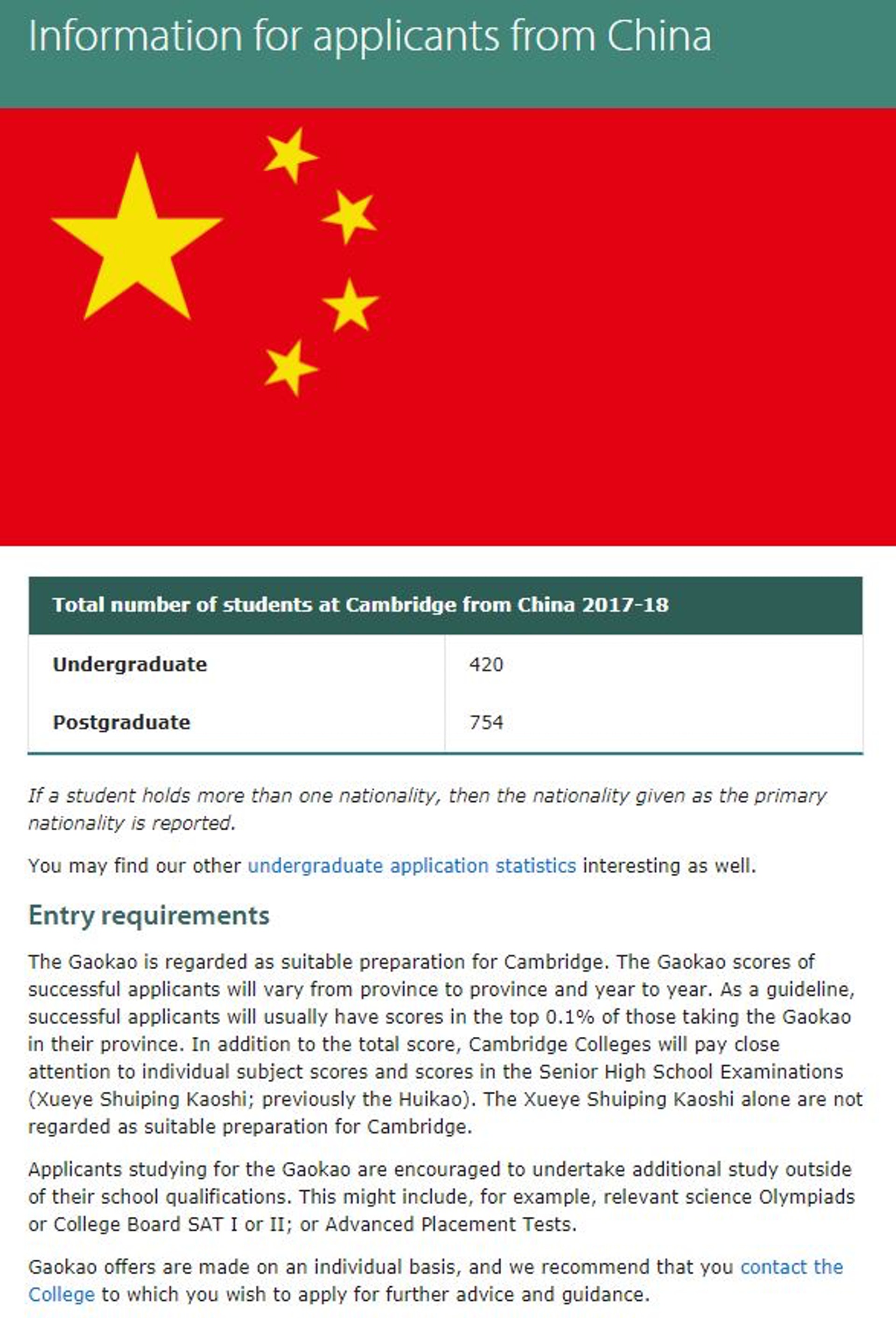 劍橋大學網站「入學要求」指出，中國高考是該校認可的考試。（網頁截圖）