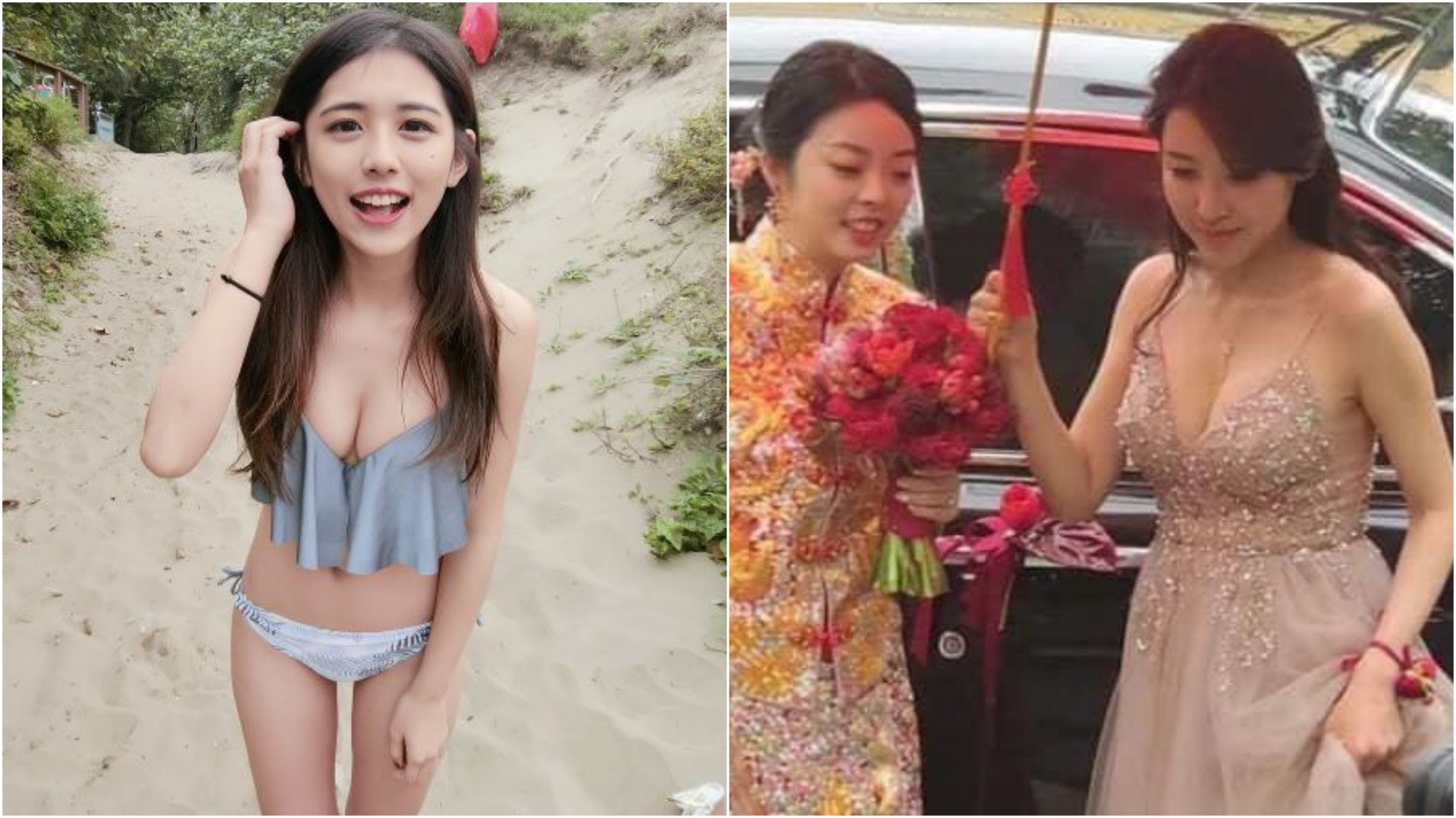 （左圖）台灣衝浪女神德儀一度被誤認是日前網上爆紅的「最美伴娘」（右圖），大家一齊認吓似唔似？（網上圖片）