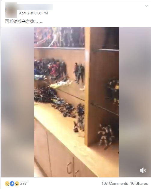 【男人玩具的矛盾】有男網民在facebook群組抱怨跟老婆吵架後，對方疑一怒之下把三層櫃上的模型公仔掃低。（fb「今日一入玩具報價區」截圖）