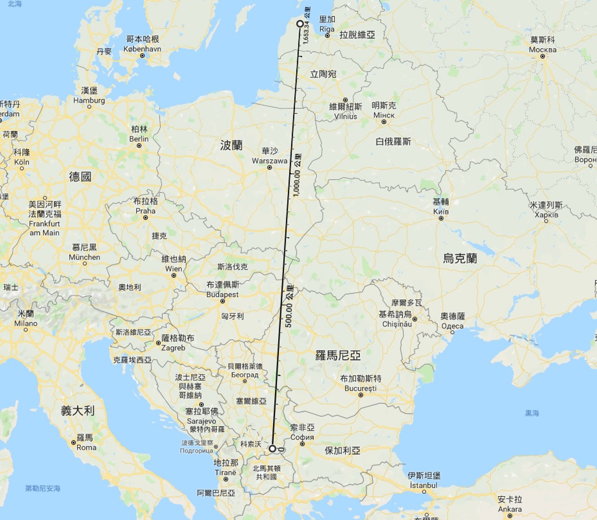 由波羅的海三國距離保加利亞、希臘等巴爾幹半島國家超過1600公里。(Google Map)