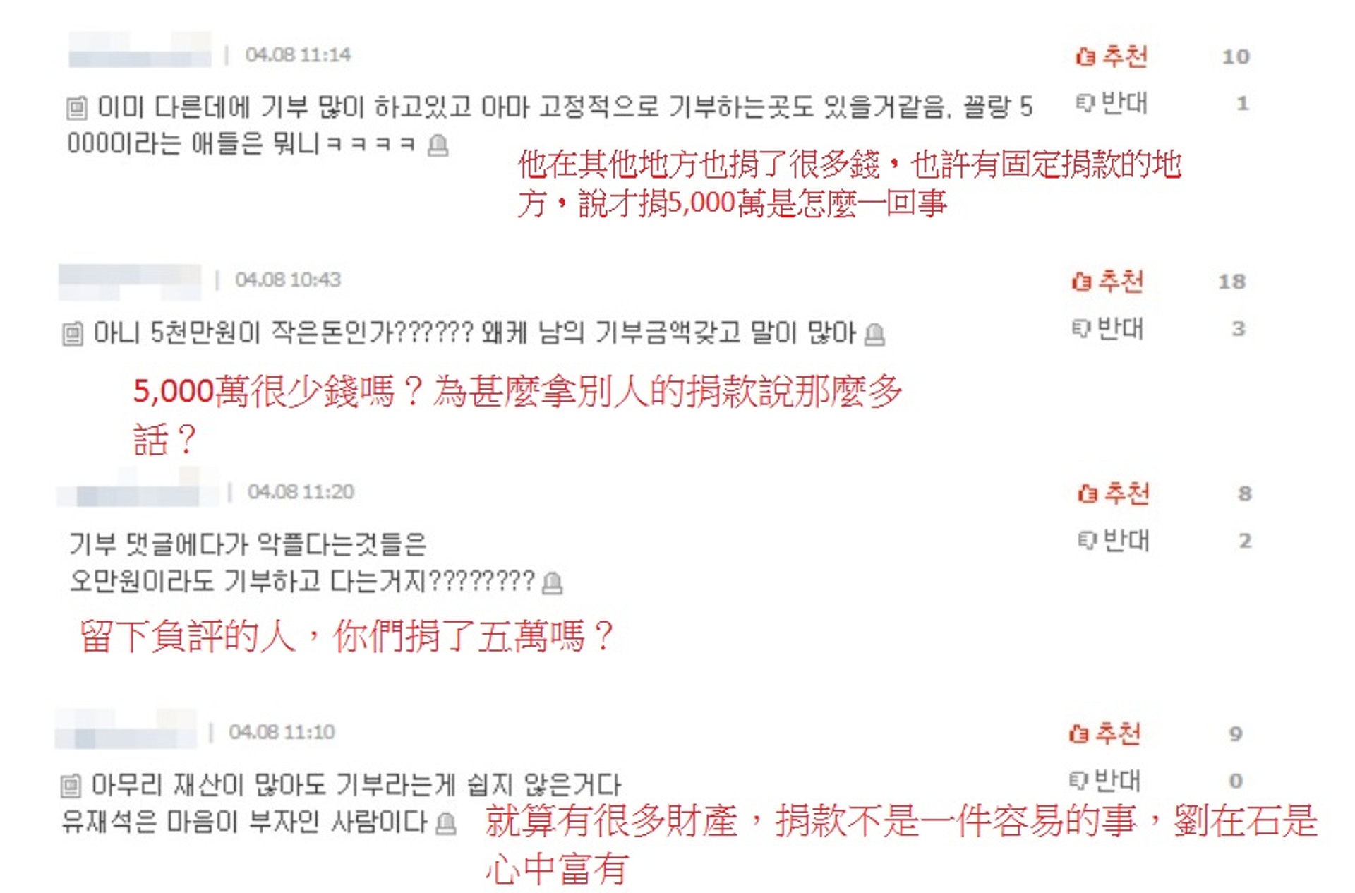 亦有網民認為五千萬韓圜不是小數目,不應對他猛烈批評。(網上截圖) #娱讯#刘在石韩国火灾捐款五千万被网民嫌太少:IU都捐一亿了!