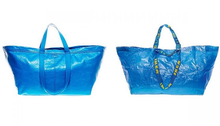 2017 年春夏 BALENCIAGA 一款藍色牛皮Tote bag，被說與 IKEA 超好用的 FRAKTA 很相似，只不過價相差整整 2268 倍。IKEA 即刻、真的是即刻推出一則教大家如何分辨「正版」FRAKTA購物袋的廣告（IKEA）