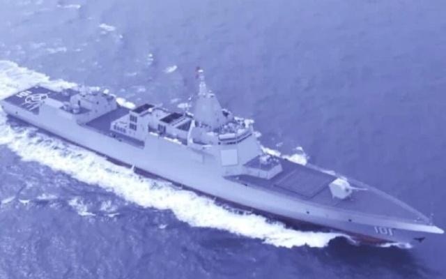 解放軍海軍第一型萬噸大型驅逐艦055型首艦「南昌號」於海上閱艦式登場。 （網絡圖片）