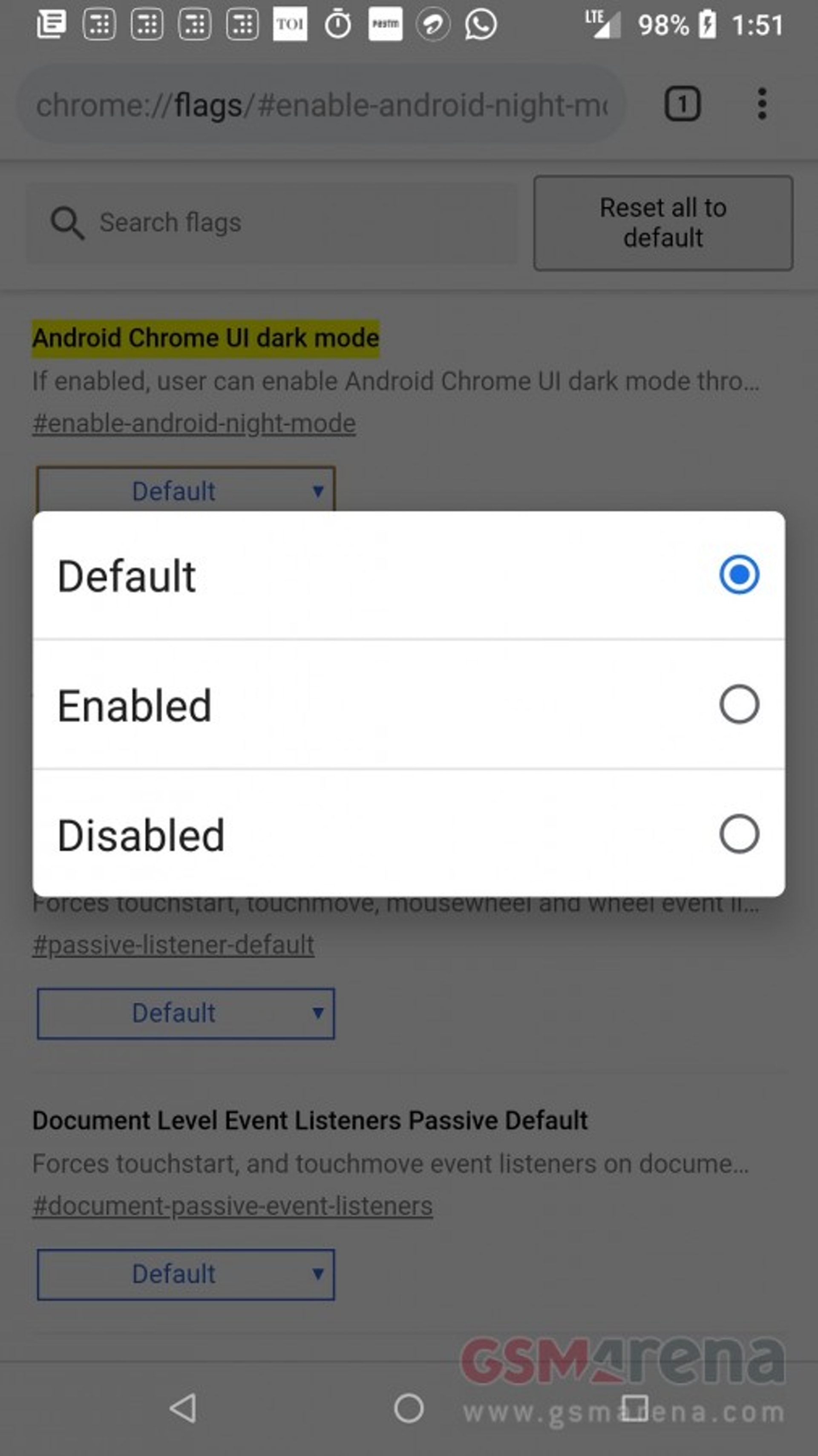 完成設定後,便可於 Chrome 的設定欄內找到 Dark Mode 顯示模式。(GSMArena) 完成設定後,便可於 Chrome 的設定欄內找到 Dark Mode 顯示模式。(GSMArena)