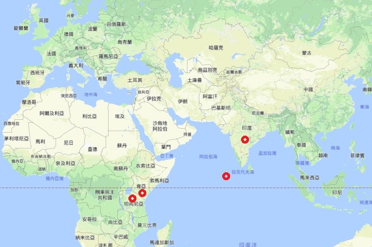 恐襲地圖：消息人士指出，印度、馬爾代夫和東非國家肯尼亞和坦桑尼亞的度假村是最容易遇襲的地點之一。（Google Map）