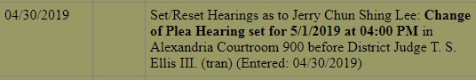美國法庭最新文件顯示，李振成將於東岸時間5月1日下午4時聆訊時認罪。（美國法庭文件）