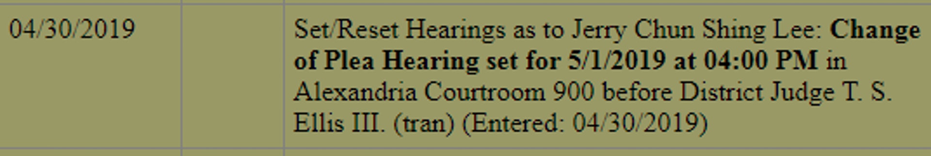 美國法庭最新文件顯示,李振成將於東岸時間5月1日下午4時聆訊時認罪。(美國法庭文件) 美國法庭最新文件顯示,李振成將於東岸時間5月1日下午4時聆訊時認罪。(美國法庭文件)