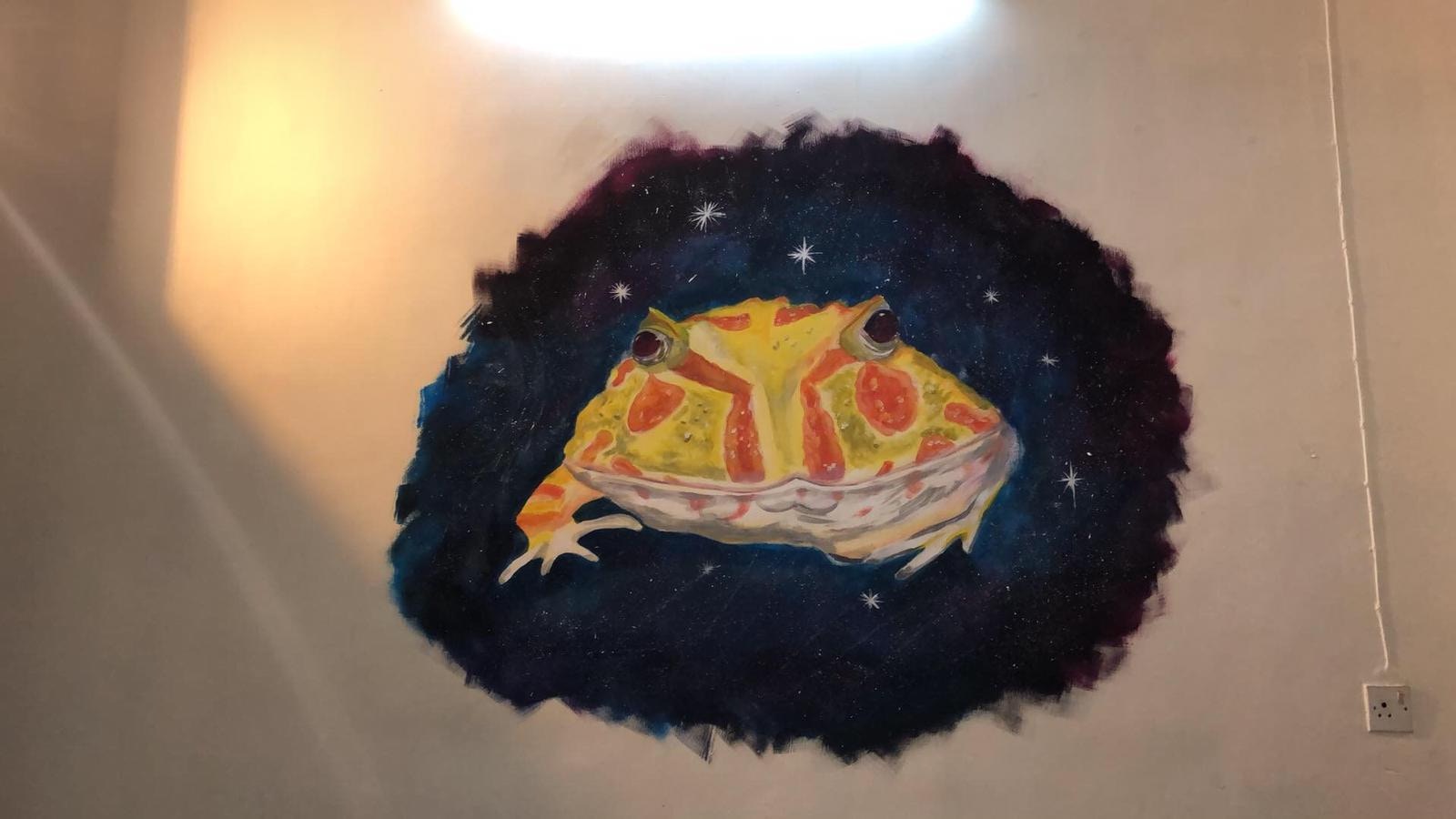 今年二月穎深回鄉，在鄉下一塊牆上畫了她最喜歡的角蛙。牆就像一塊大畫布，供她隨心所欲。（受訪者提供）
