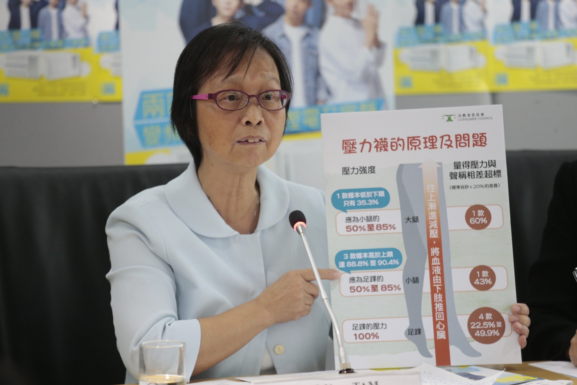 研究及試驗小組主席譚鳳儀表示,當壓力襪清洗多次後變形,足踝承受能力有可能低於小腿,反而增加靜脈曲張機會。(梁鵬威攝) 研究及試驗小組主席譚鳳儀表示,當壓力襪清洗多次後變形,足踝承受能力有可能低於小腿,反而增加靜脈曲張機會。(梁鵬威攝)