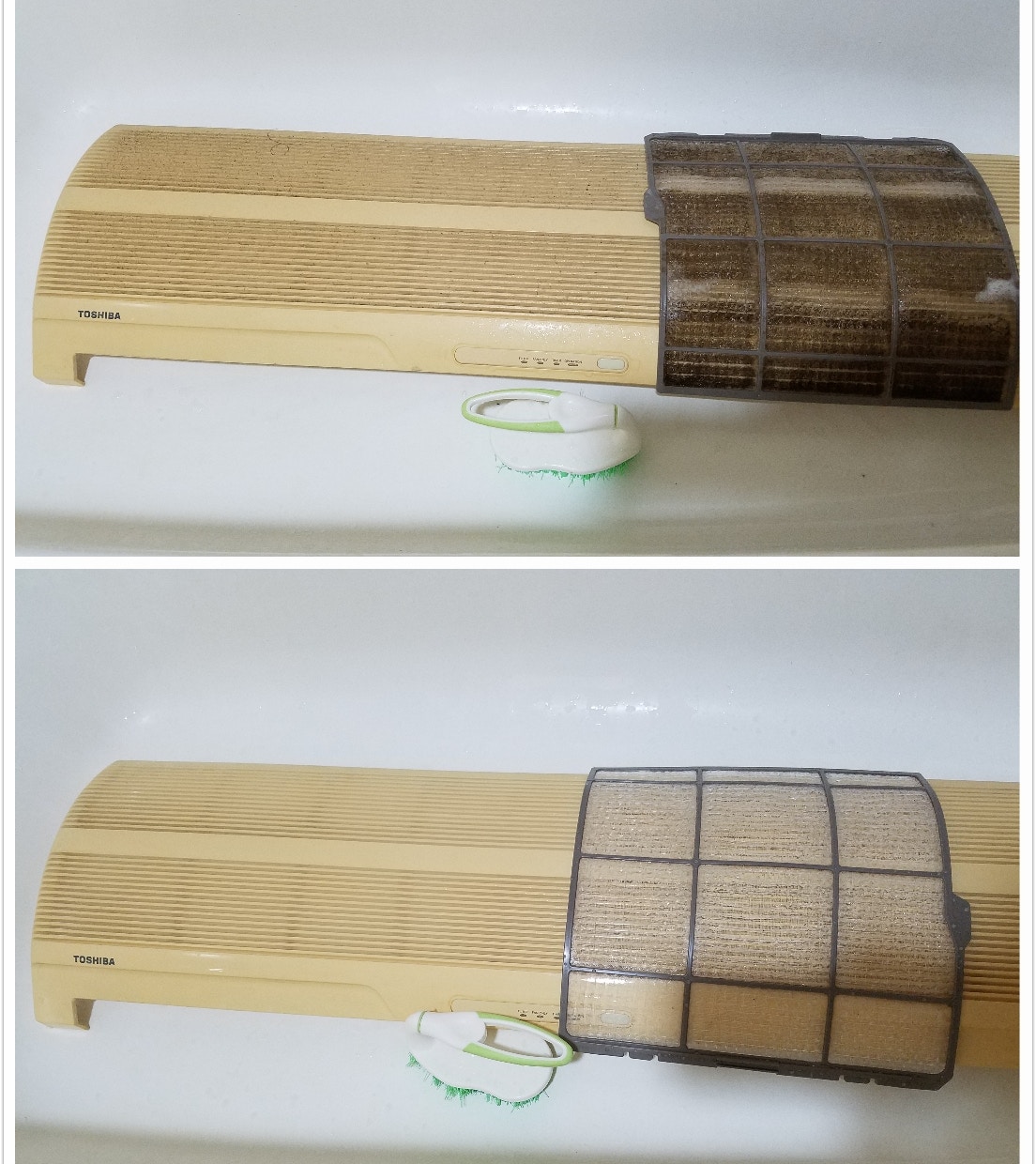 【DIY洗冷氣機】如果冷氣機積塵太多,可以用刷將污垢刷走,但千萬不要放到太陽底下曬,以免受到高溫影響。(作者提供)