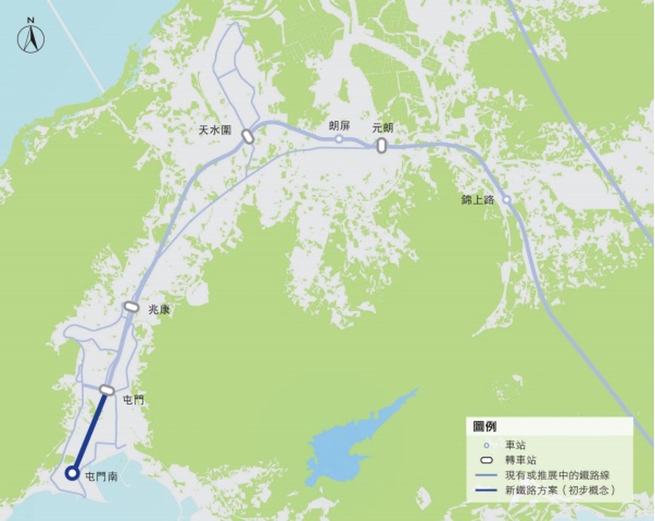 政府於2014發布《鐵路發展策略2014》，建議興建屯門南延線並新增一個車站接駁西鐵線。（《鐵路發展策略2014》）