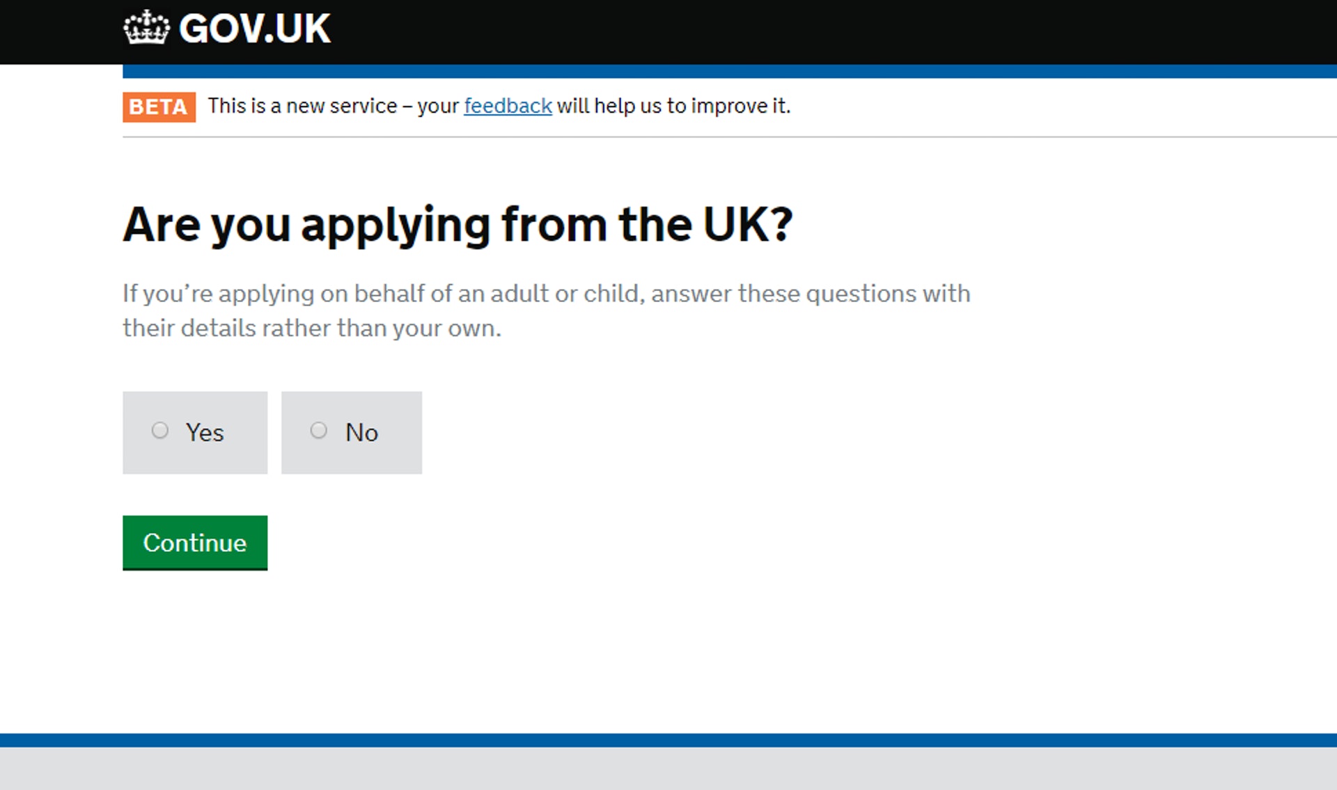 「是否在英國進行申請」,一般應選「NO」(GOV.UK 網站截圖) 「是否在英國進行申請」,一般應選「NO」(GOV.UK 網站截圖)
