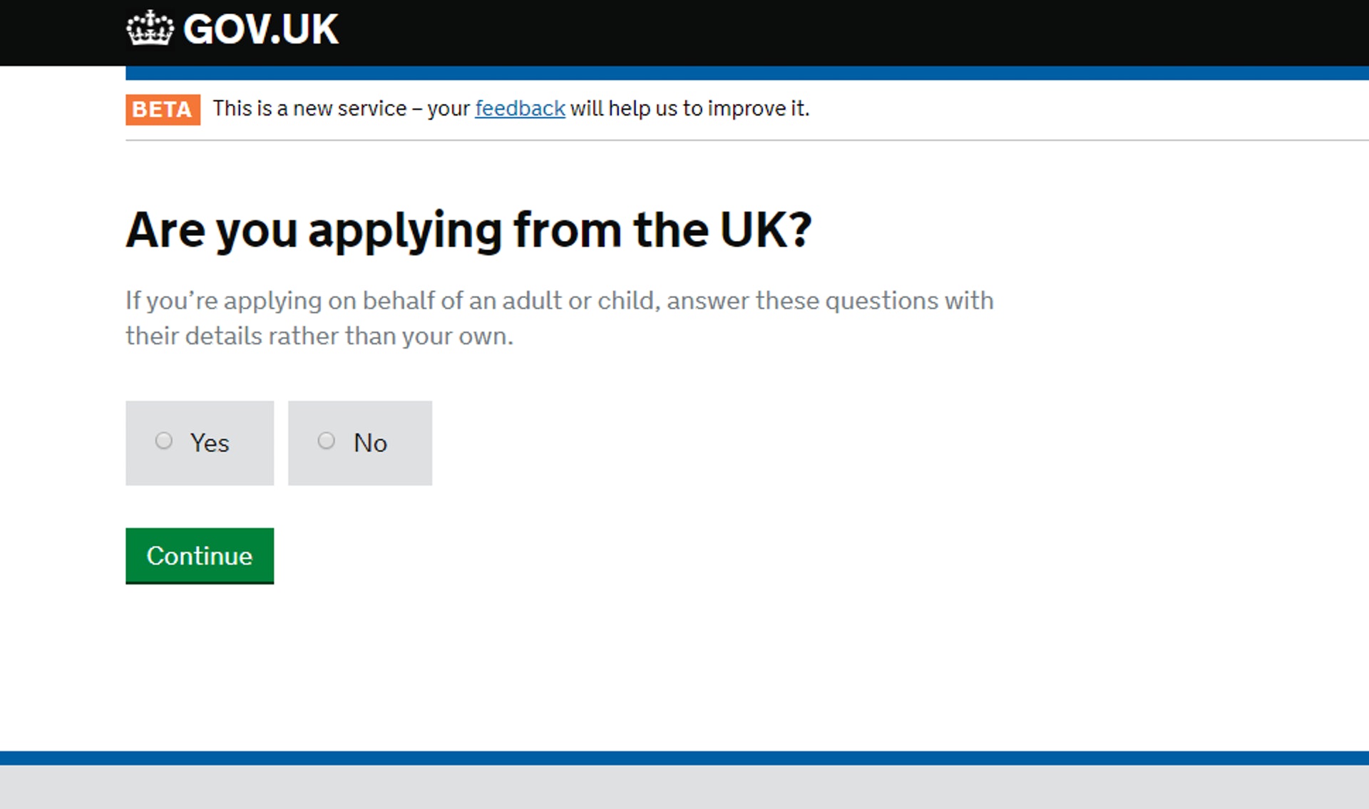 “是否在英国进行申请”，一般应选“NO”（GOV.UK 网站截图)