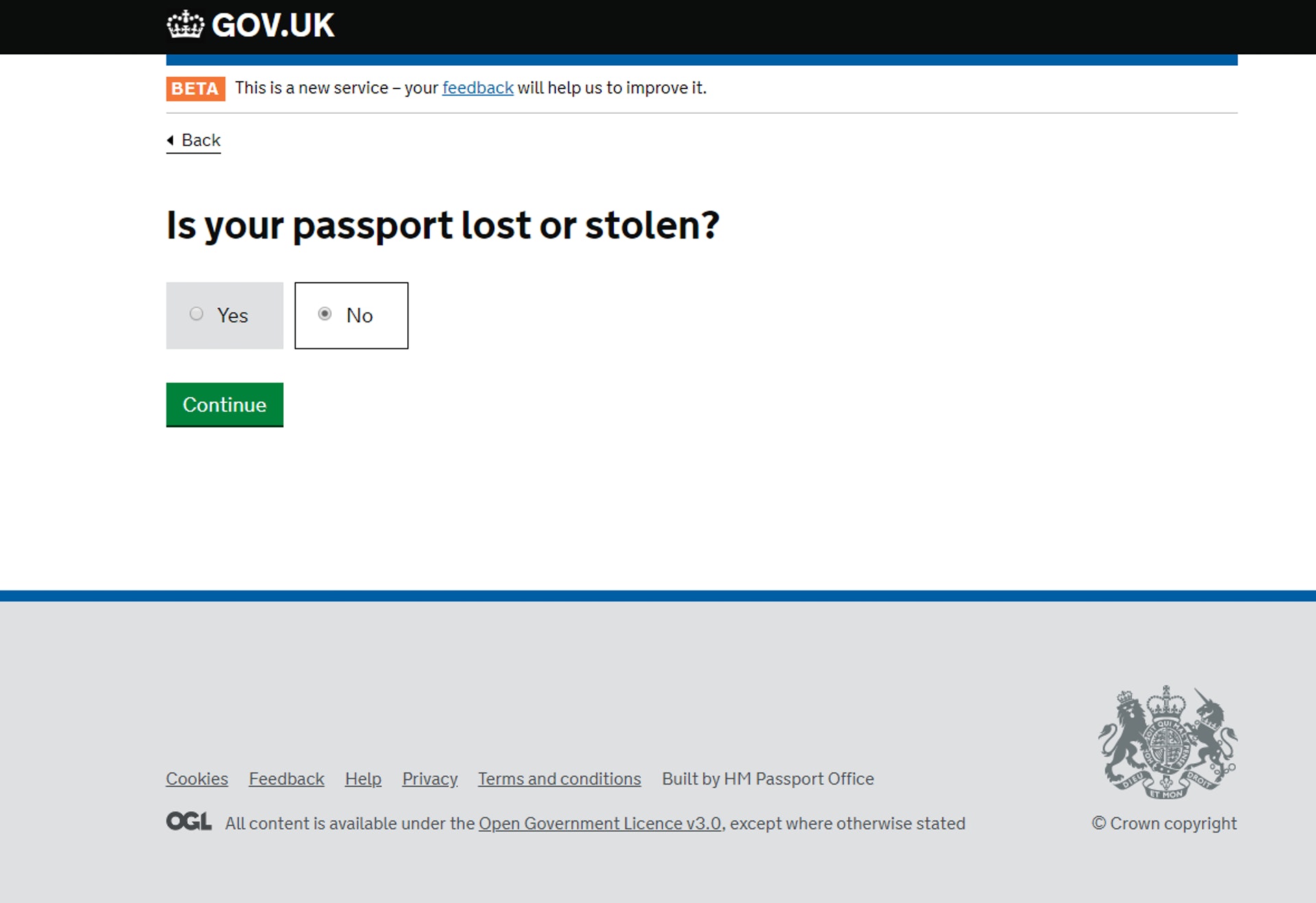 「舊的 BNO 是否遺失或被偷竊」（GOV.UK 網站截圖)