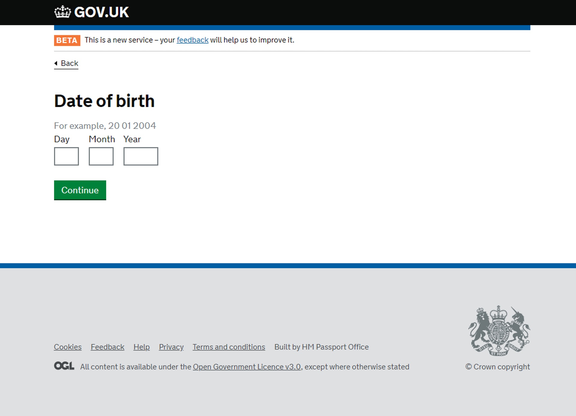 “生日日期，日／月／年”（GOV.UK 网站截图)