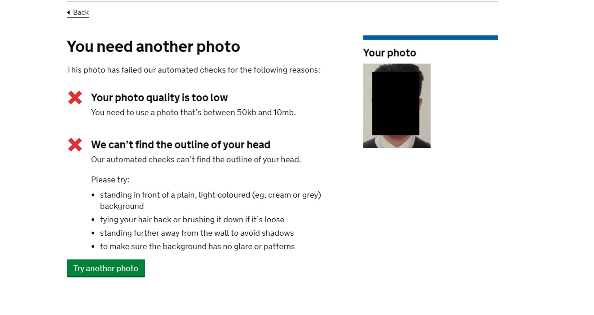 如果相片不合要求，会有系统提示（GOV.UK 网站截图)