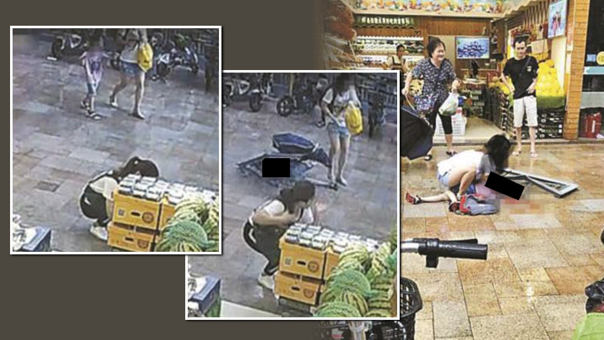 男童和其撐傘媽媽路過涉事屋苑樓下，惟一扇玻璃窗突然飛墮而下，剛巧砸在男童身上。（合成圖）