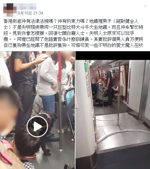 網民在Facebook群組「香港花生友」發帖指,在港鐵遇到一名男士冒認視障人士,帶「比特犬」進入車廂。(Facebook截圖) 網民在Facebook群組「香港花生友」發帖指,在港鐵遇到一名男士冒認視障人士,帶「比特犬」進入車廂。(Facebook截圖)