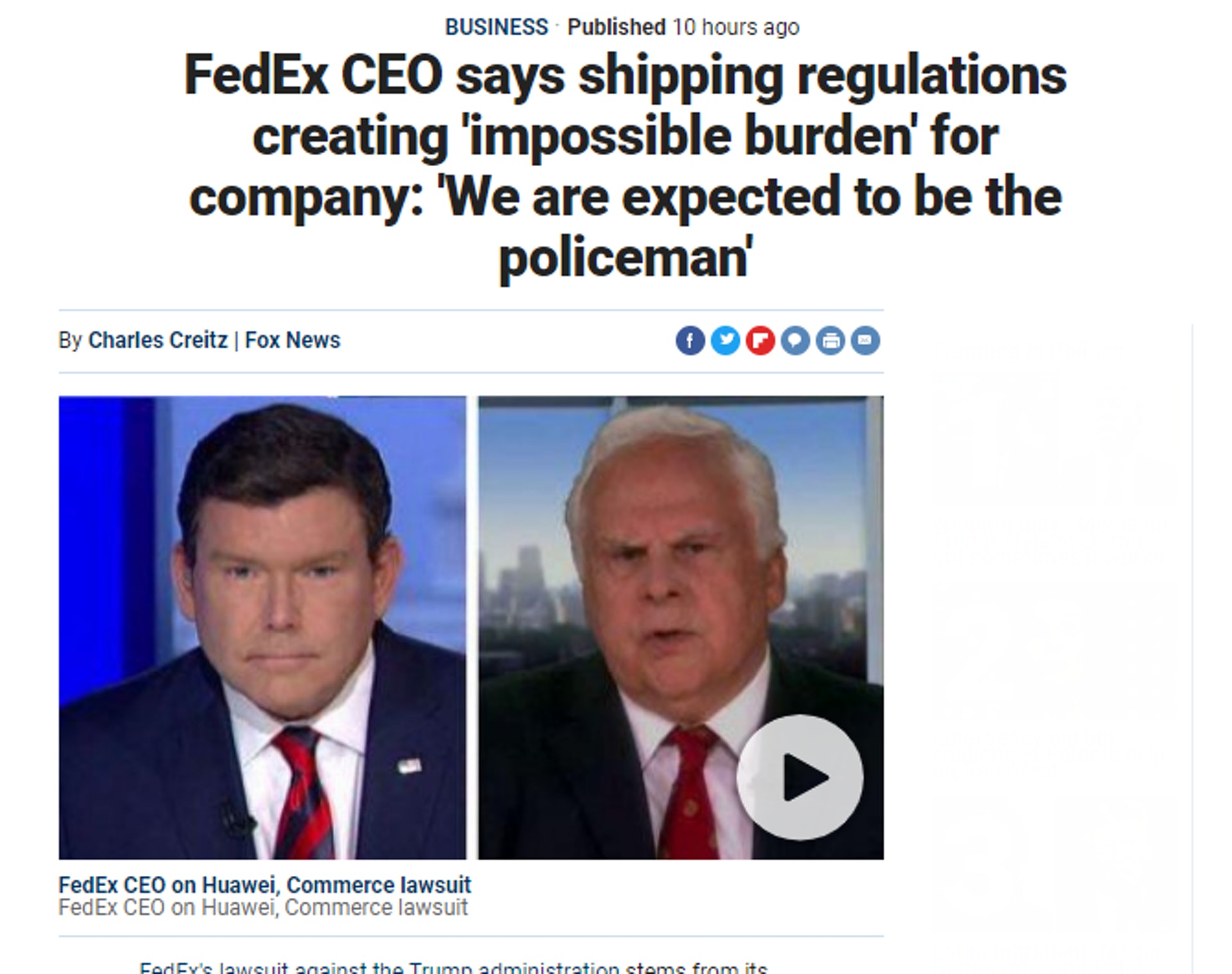 聯邦快遞CEO史密夫(右)接受霍士新聞(Fox News)電視採訪,親自出面解釋華為包裹風波。(網站截圖) 聯邦快遞CEO史密夫(右)接受霍士新聞(Fox News)電視採訪,親自出面解釋華為包裹風波。(網站截圖)