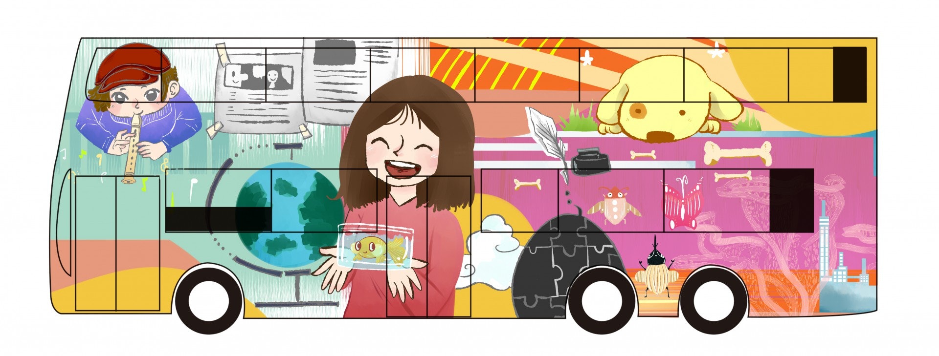 瑩瑩設計了多張巴士插畫，顏色多元，亦有不少大自然景色，希望帶出夢想、團結等意思。（九巴提供相片）