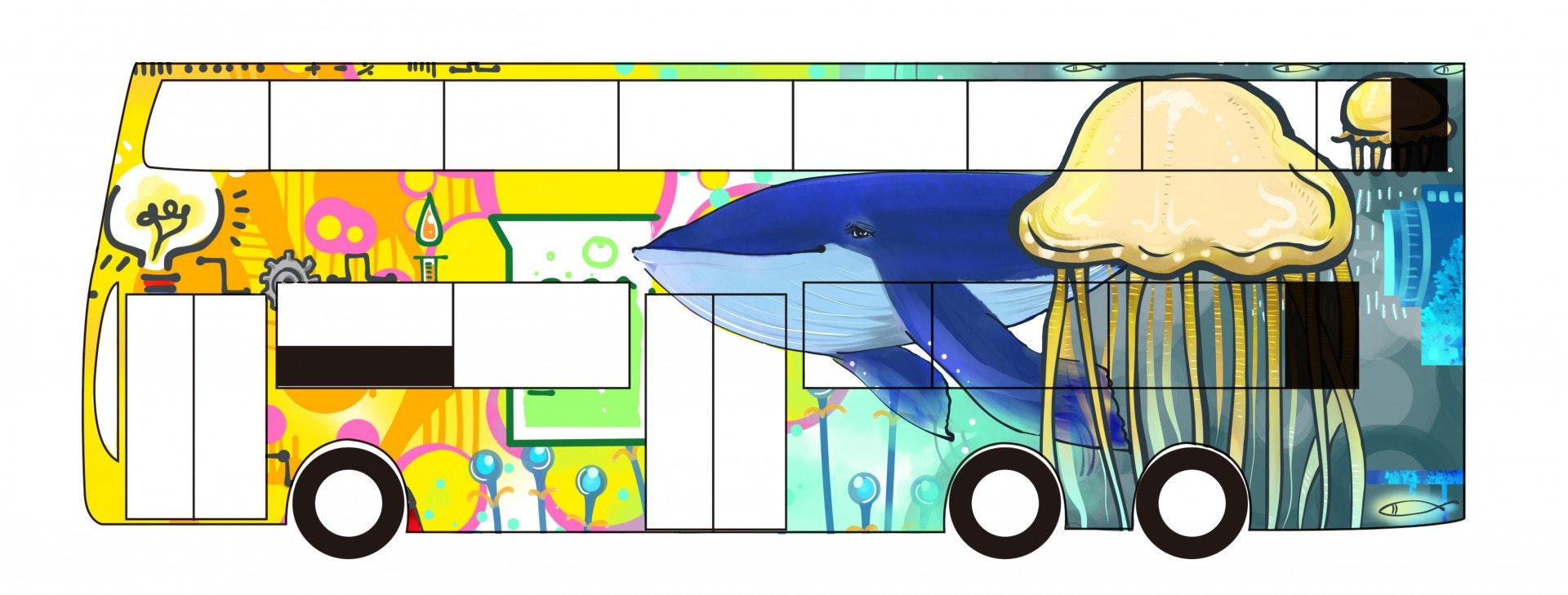 瑩瑩設計了多張巴士插畫，顏色多元，亦有不少大自然景色，希望帶出夢想、團結等意思。（九巴提供相片）