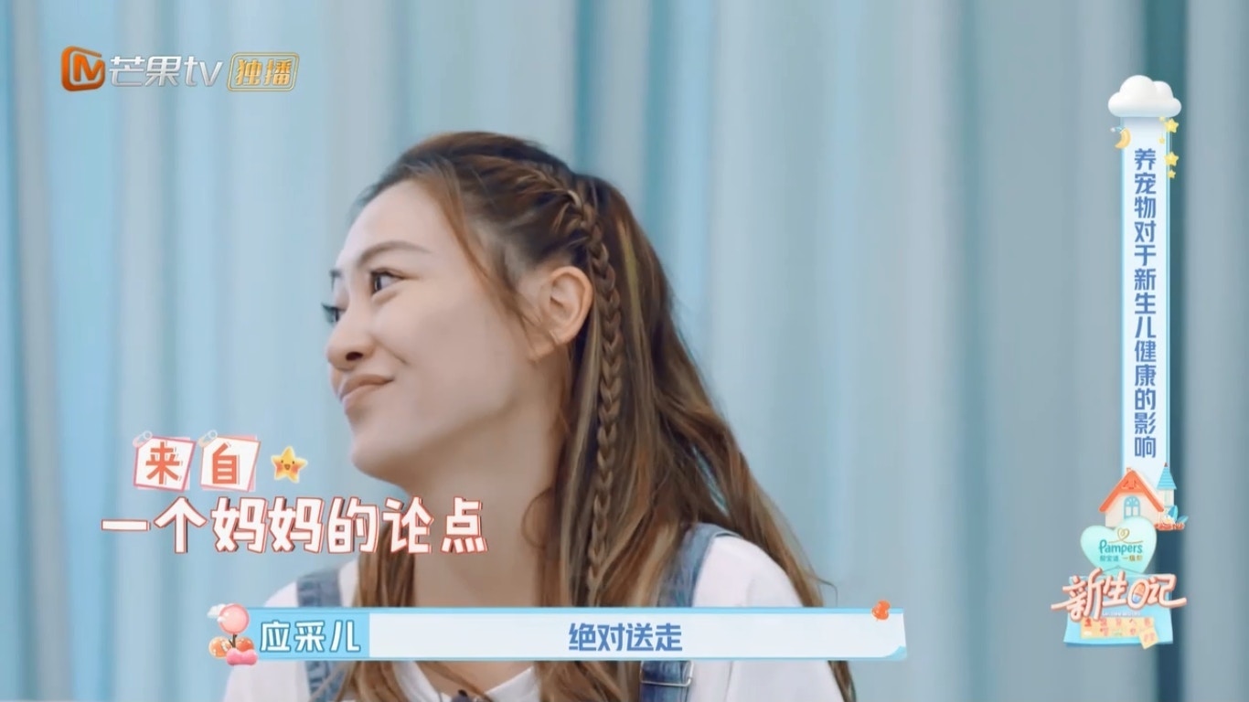 應采兒在節目上指懷孕時應把寵物送走,因小朋友容易對寵物毛過敏形成哮喘,要「絕對送走」。(內地真人騷《新生日記》截圖) 應采兒在節目上指懷孕時應把寵物送走,因小朋友容易對寵物毛過敏形成哮喘,要「絕對送走」。(內地真人騷《新生日記》截圖)