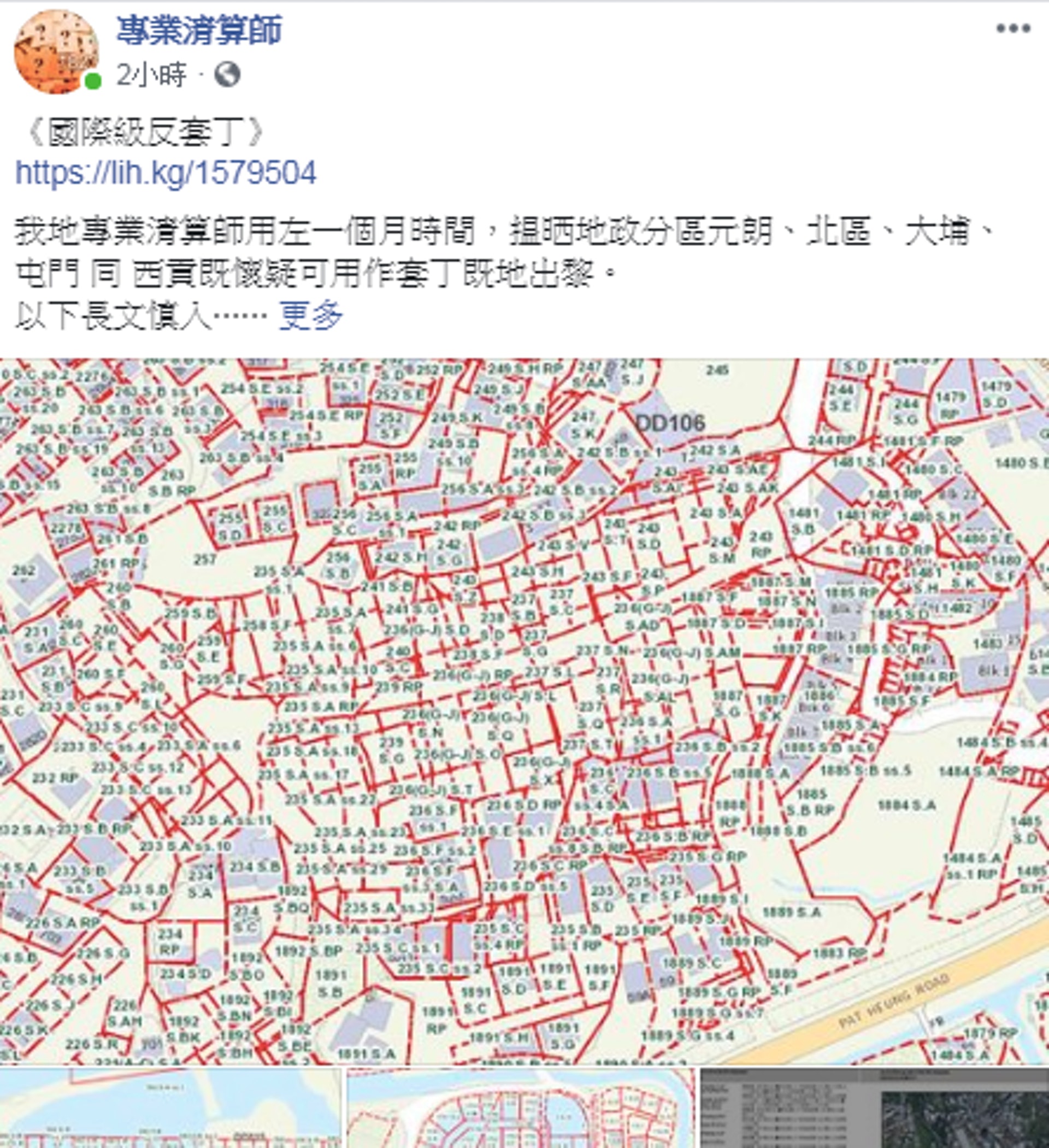 「專業清算師」指出,他們近日在於元朗、北區等分區,合共找出約3,700個疑似可用作套丁的地段。(「專業清算師」facebook專頁) 「專業清算師」指出,他們近日在於元朗、北區等分區,合共找出約3,700個疑似可用作套丁的地段。(「專業清算師」facebook專頁)
