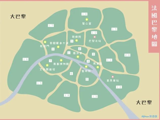 打開巴黎地圖可以看到明顯的一條圓形道路，在這個圓圈內是小巴黎，主要的景點像是巴黎鐵塔、聖心堂、羅浮宮等都在這裏。（Tripresso授權使用）