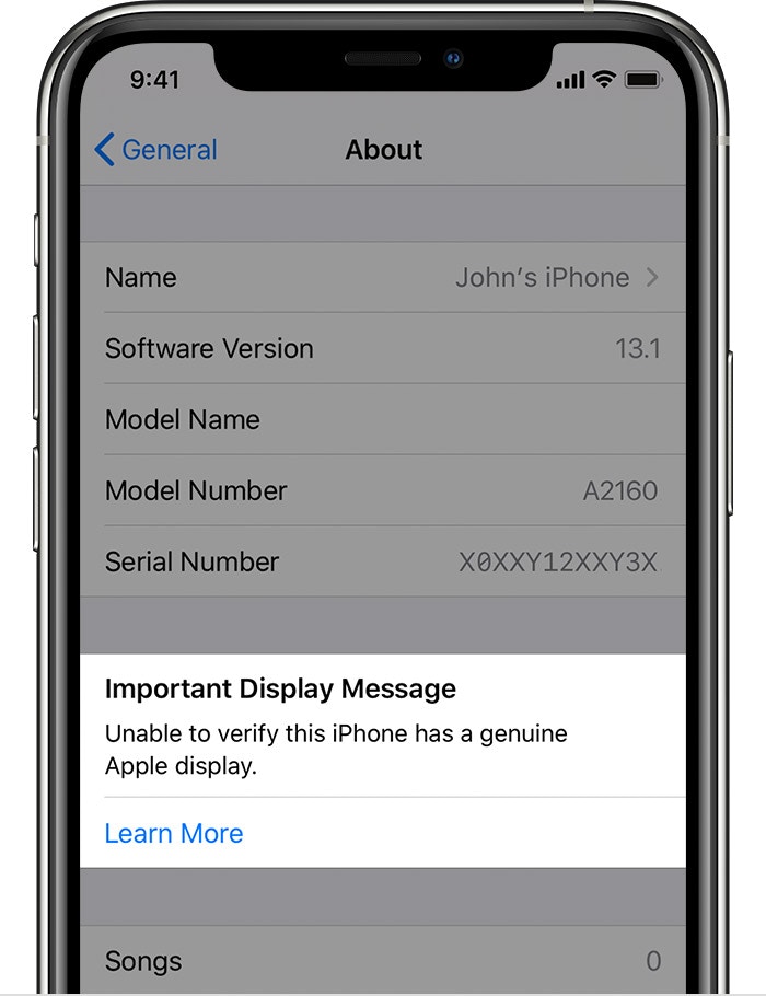 如果用家的iPhone檢測到第三方維修，將看到一個新的警告提示：「重要顯示消息。無法驗證此iPhone是否具有Apple正版顯示器。了解更多。」(Important Display Message. Unable to verify this iPhone has a genuine Apple display. Learn more.)（Apple）