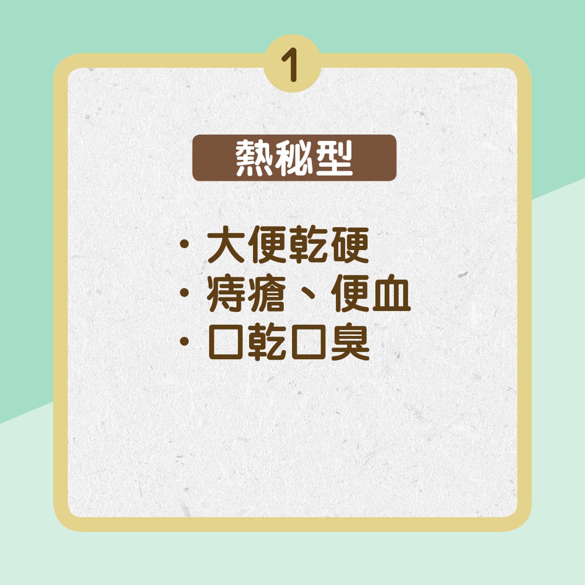 1. 熱秘型:大便乾硬、痔瘡、便血、口乾口臭(01製圖) 1. 熱秘型:大便乾硬、痔瘡、便血、口乾口臭(01製圖)